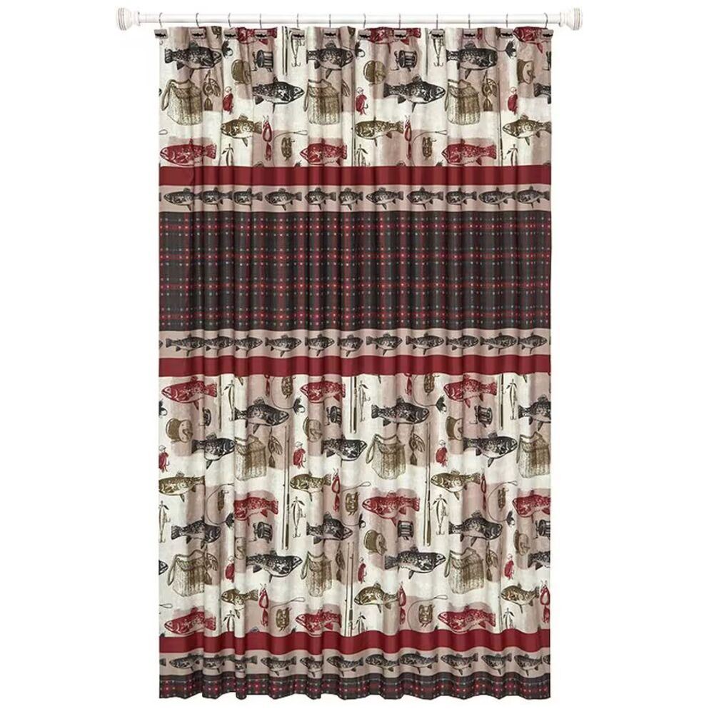 Mossy Oak Shower Curtain Fish Design Tan Red Green Plaid Lake House Gift NEW